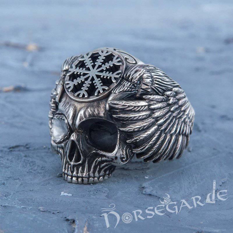 Handcrafted Helm of Awe Skull and Ravens Ring - Sterling Silver