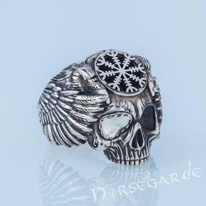 Handcrafted Helm of Awe Skull and Ravens Ring - Sterling Silver