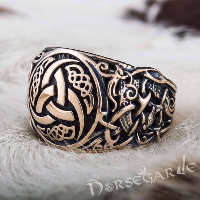 Handcrafted Horn Triskelion Mammen Style Ring - Bronze
