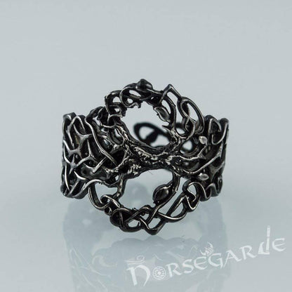 Handcrafted Intertwined Yggdrasil Ring - Ruthenium Plated Sterling Silver