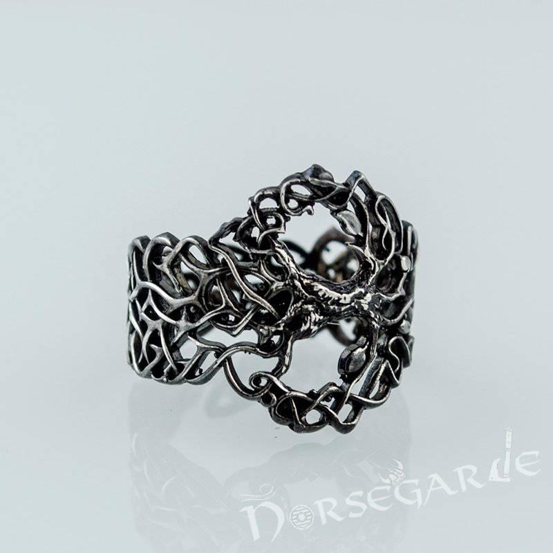Handcrafted Intertwined Yggdrasil Ring - Ruthenium Plated Sterling Silver