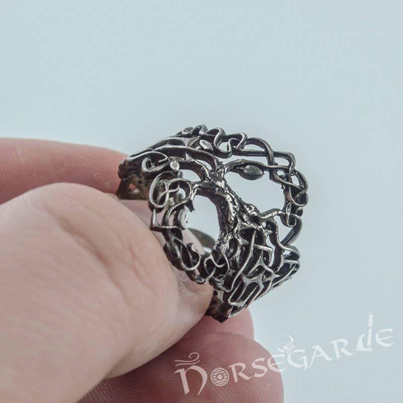 Handcrafted Intertwined Yggdrasil Ring - Ruthenium Plated Sterling Silver