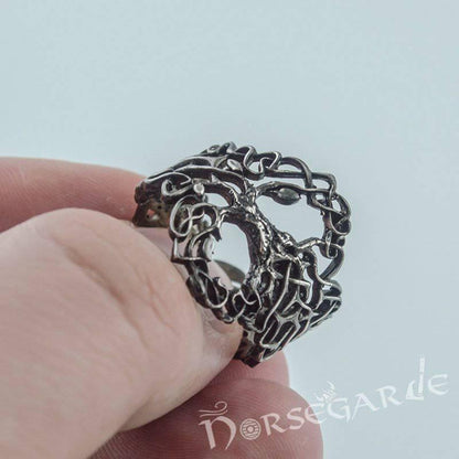 Handcrafted Intertwined Yggdrasil Ring - Ruthenium Plated Sterling Silver