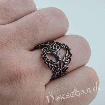 Handcrafted Intertwined Yggdrasil Ring - Ruthenium Plated Sterling Silver