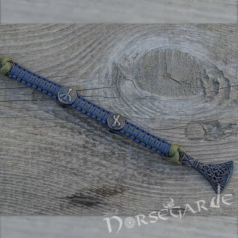 Handcrafted Lilypad Paracord Bracelet with Axe Head and Rune - Ruthenium Plated Sterling Silver