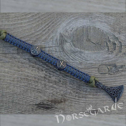 Handcrafted Lilypad Paracord Bracelet with Axe Head and Rune - Ruthenium Plated Sterling Silver