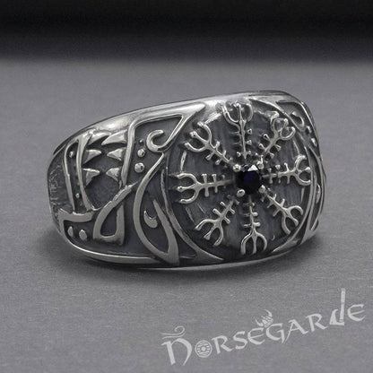 Handcrafted Lupine Helm of Awe Ring with Gem - Sterling Silver