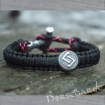Handcrafted Night Paracord Bracelet with Mjölnir and Rune - Sterling Silver