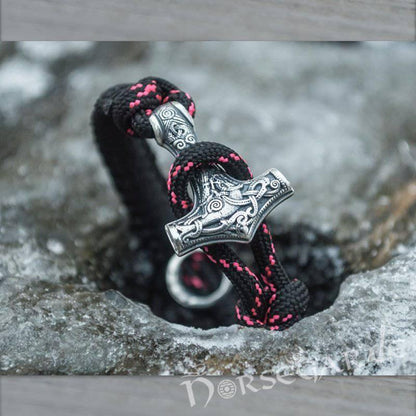 Handcrafted Night Paracord Bracelet with Mjölnir and Rune - Sterling Silver