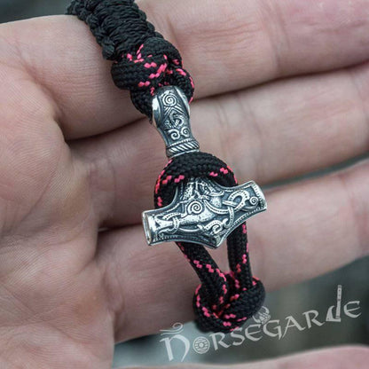 Handcrafted Night Paracord Bracelet with Mjölnir and Rune - Sterling Silver