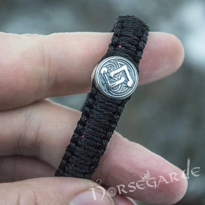 Handcrafted Night Paracord Bracelet with Mjölnir and Rune - Sterling Silver