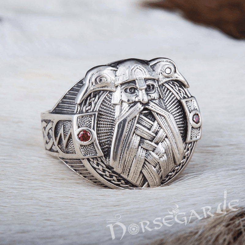 Handcrafted Odin and Ravens Ring - Sterling Silver