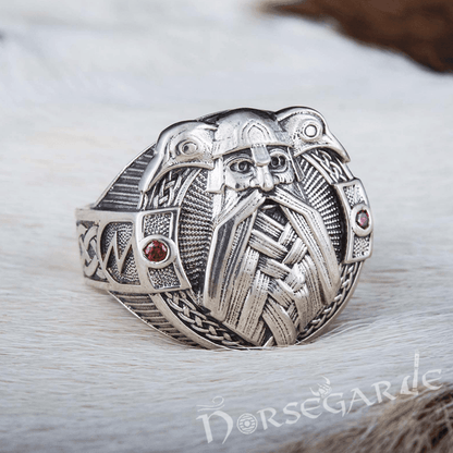 Handcrafted Odin and Ravens Ring - Sterling Silver