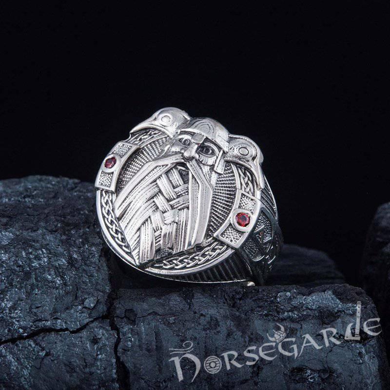 Handcrafted Odin and Ravens Ring - Sterling Silver