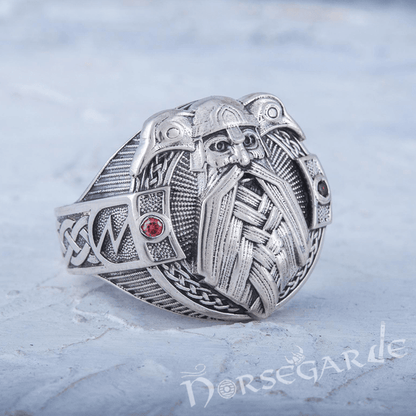 Handcrafted Odin and Ravens Ring - Sterling Silver