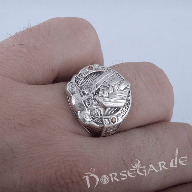 Handcrafted Odin and Ravens Ring - Sterling Silver