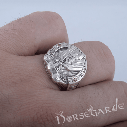 Handcrafted Odin and Ravens Ring - Sterling Silver