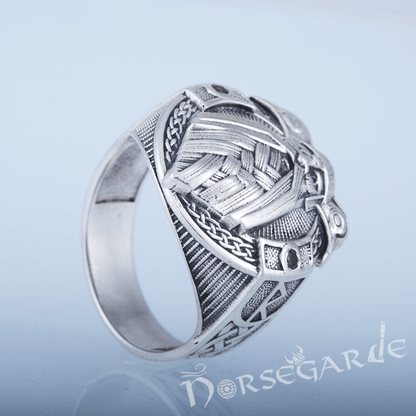 Handcrafted Odin and Ravens Ring - Sterling Silver