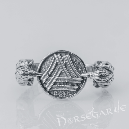 Handcrafted Odin Ravens and Valknut Ring - Sterling Silver