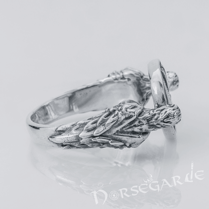 Handcrafted Odin Ravens and Valknut Ring - Sterling Silver