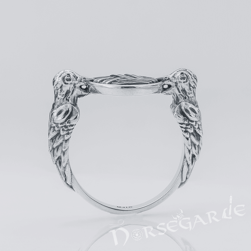 Handcrafted Odin Ravens and Valknut Ring - Sterling Silver