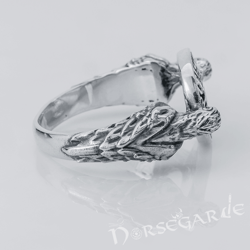 Handcrafted Odin Ravens and Vegvisir Ring - Sterling Silver