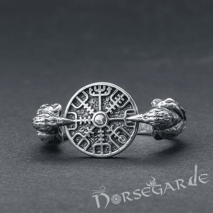 Handcrafted Odin Ravens and Vegvisir Ring - Sterling Silver