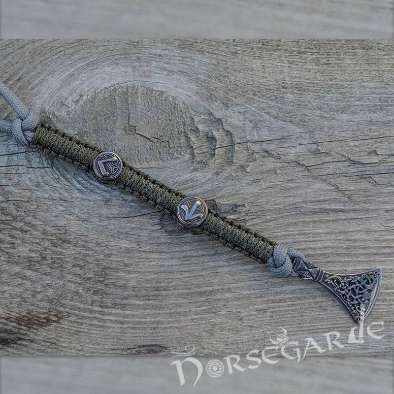 Handcrafted Olive Paracord Bracelet with Axe Head and Rune - Ruthenium Plated Sterling Silver