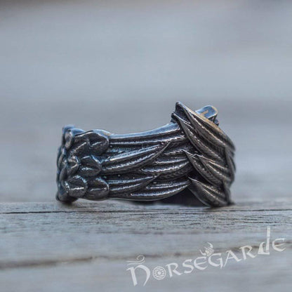 Handcrafted Raven Wing Ring - Ruthenium Plated Sterling Silver
