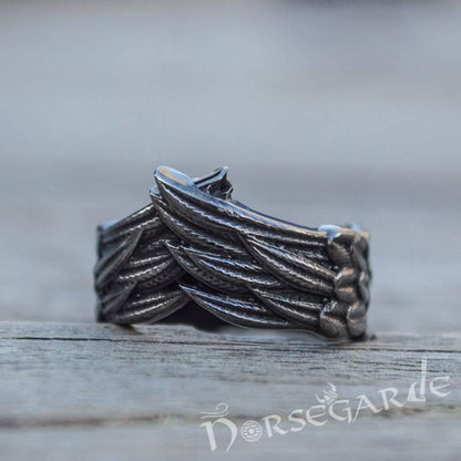Handcrafted Raven Wing Ring - Ruthenium Plated Sterling Silver