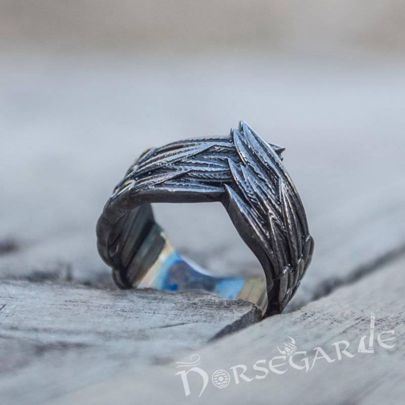 Handcrafted Raven Wing Ring - Ruthenium Plated Sterling Silver