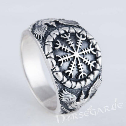 Handcrafted Ravens and Helm of Awe Ring - Sterling Silver