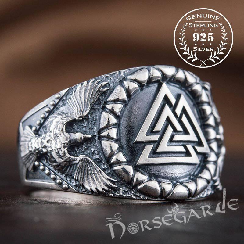 Handcrafted Ravens and Valknut Ring - Sterling Silver