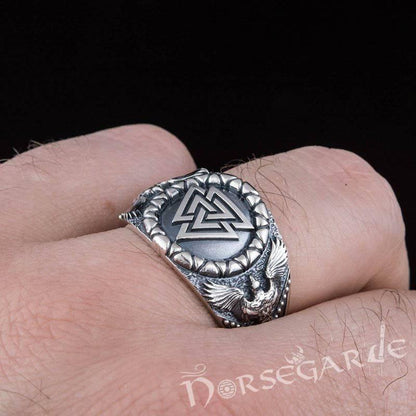 Handcrafted Ravens and Valknut Ring - Sterling Silver