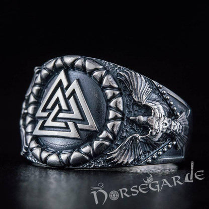 Handcrafted Ravens and Valknut Ring - Sterling Silver