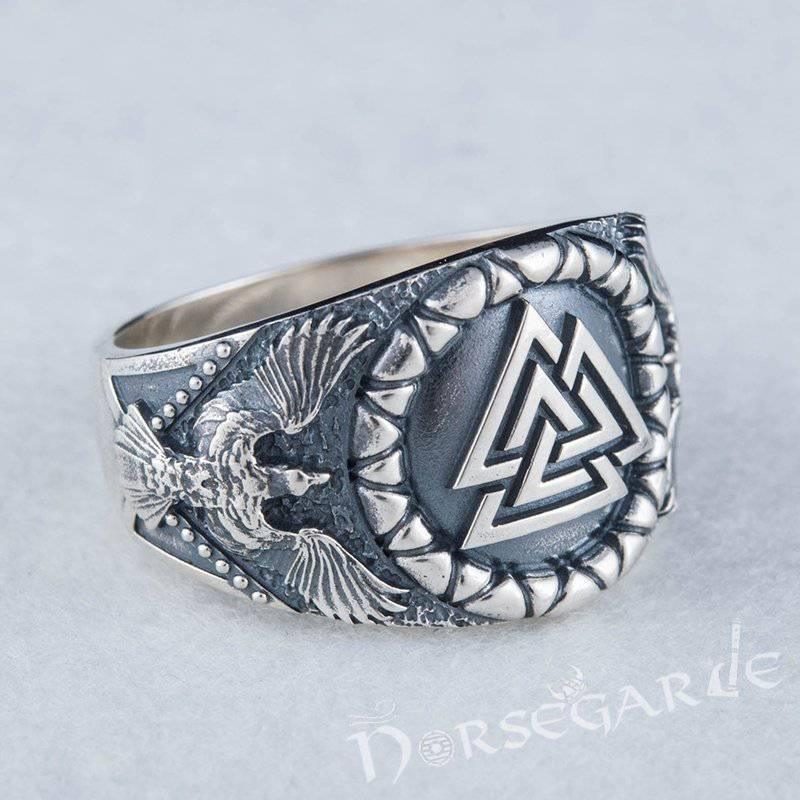 Handcrafted Ravens and Valknut Ring - Sterling Silver