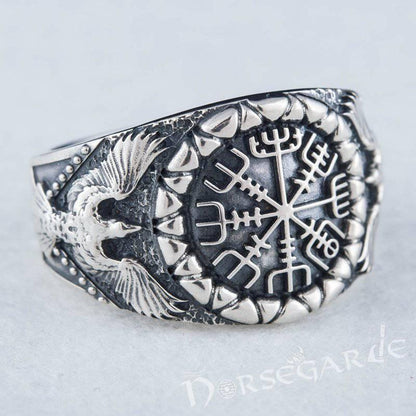 Handcrafted Ravens and Vegvisir Ring - Sterling Silver