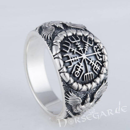 Handcrafted Ravens and Vegvisir Ring - Sterling Silver