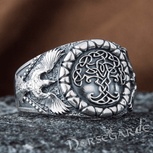 Handcrafted Ravens and Yggdrasil Ring - Sterling Silver