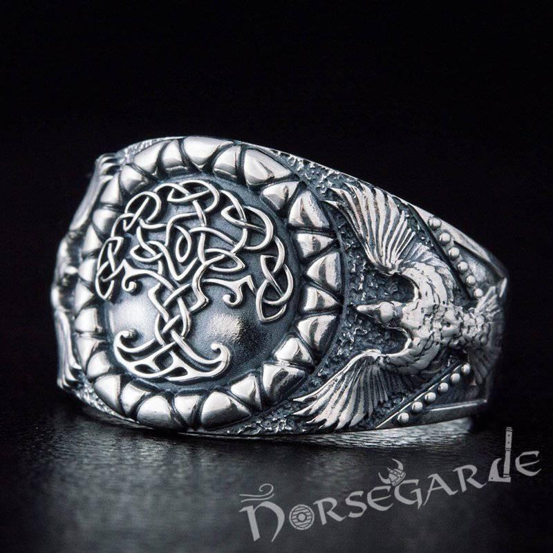 Handcrafted Ravens and Yggdrasil Ring - Sterling Silver