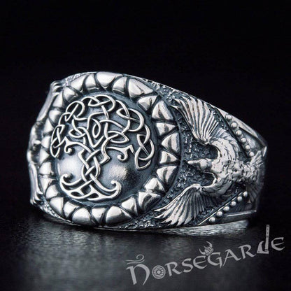 Handcrafted Ravens and Yggdrasil Ring - Sterling Silver