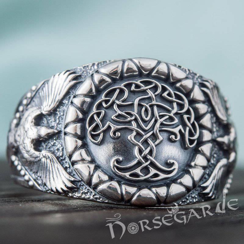 Handcrafted Ravens and Yggdrasil Ring - Sterling Silver