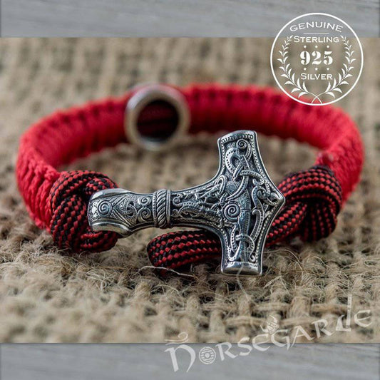 Handcrafted Red Paracord Bracelet with Mjölnir and Rune - Sterling Silver