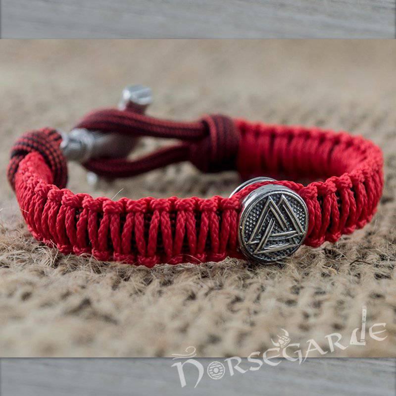 Handcrafted Red Paracord Bracelet with Mjölnir and Rune - Sterling Silver