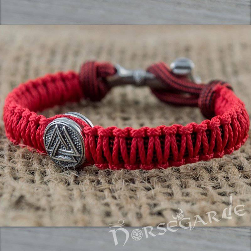 Handcrafted Red Paracord Bracelet with Mjölnir and Rune - Sterling Silver