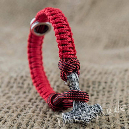 Handcrafted Red Paracord Bracelet with Mjölnir and Rune - Sterling Silver