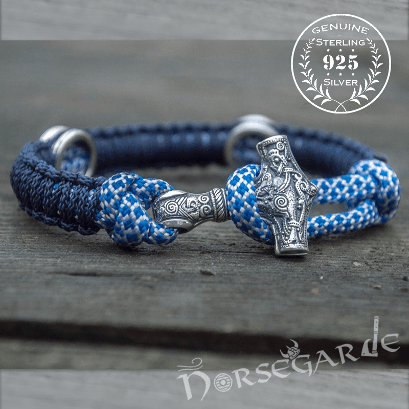 Handcrafted River Paracord Bracelet with Mjölnir and Runes - Sterling Silver
