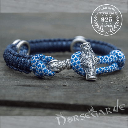 Handcrafted River Paracord Bracelet with Mjölnir and Runes - Sterling Silver