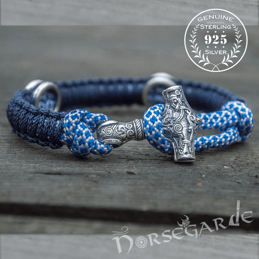 Handcrafted River Paracord Bracelet with Mjölnir and Runes - Sterling Silver
