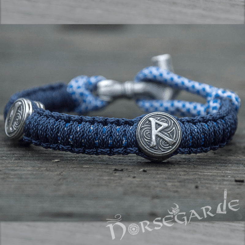 Handcrafted River Paracord Bracelet with Mjölnir and Runes - Sterling Silver
